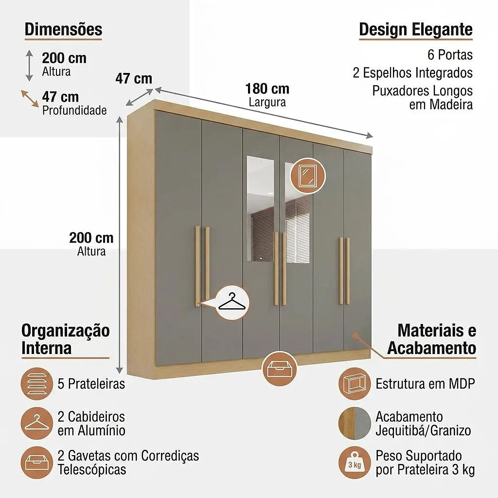 Guarda-Roupa Casal França com Espelho 6 Portas 2 Gavetas Jequitibá